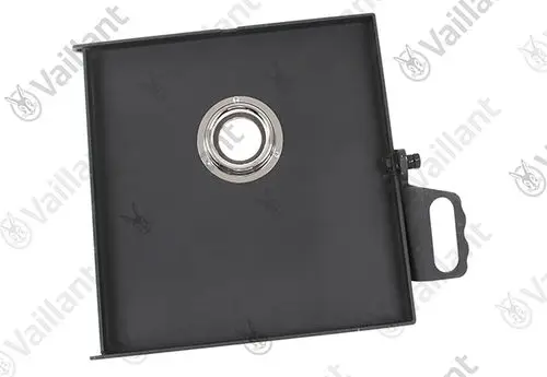Schwarze Tür mit runder Öffnung in der Mitte, montierbar, möglicherweise für ein Vaillant Produkt. Handgriff auf der rechten Seite zur Bedienung.